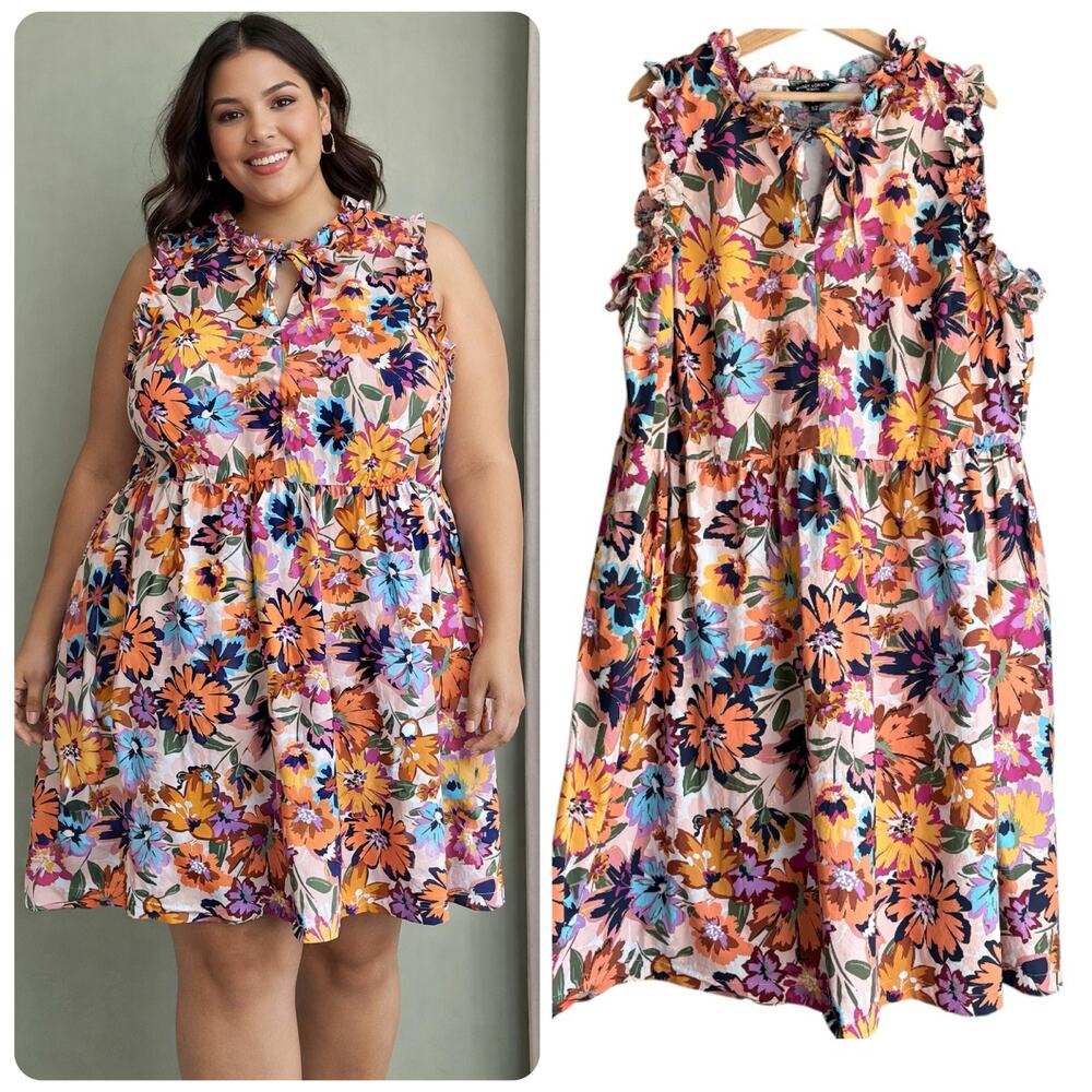 MAGGY‎ LONDON Plus Size 22W Floral Ruffle Sleeveless Dress Cotton Retro Resort